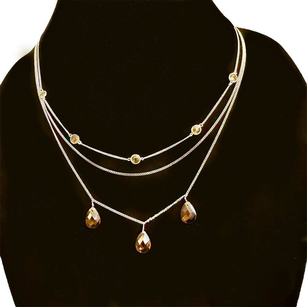 Silver Tone 3 Tier Adjustable Necklace with Topaz Gemstones